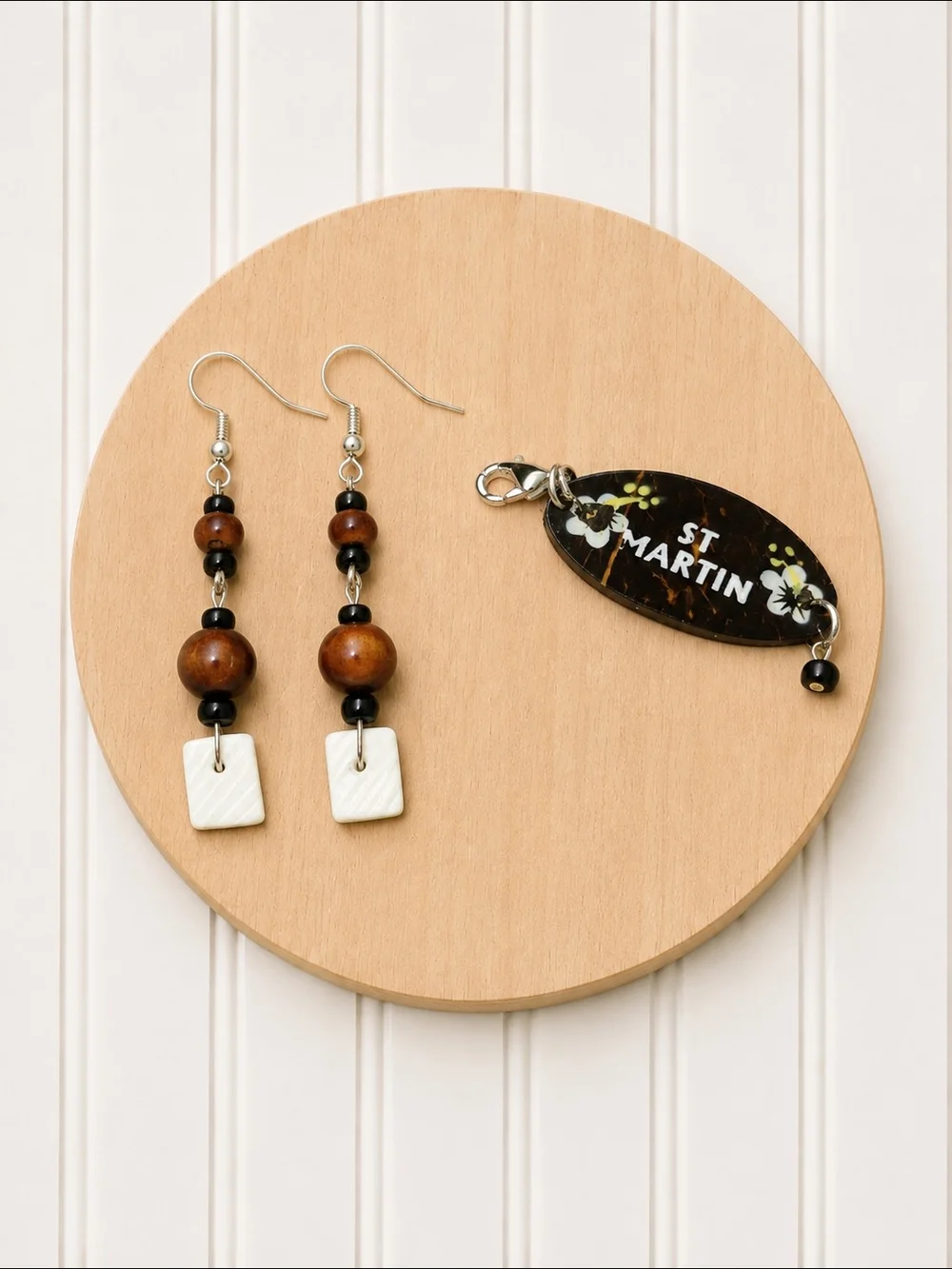 Brown Wood White Shell Beaded Dangle Earrings with St Martin Phone Charm